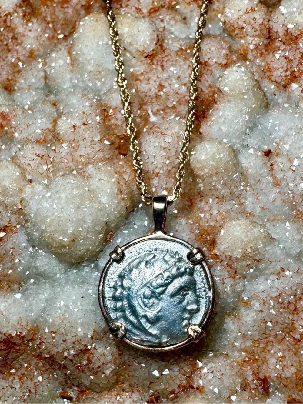 Ancient Greek Silver Coin Pendant Gold Bezel Heracles Zeus Alexander w/ COA